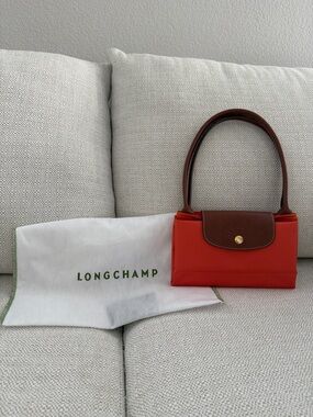 Longchamp M Le Pliage Rust Nylon Top-Handle Bag with Brown Trim